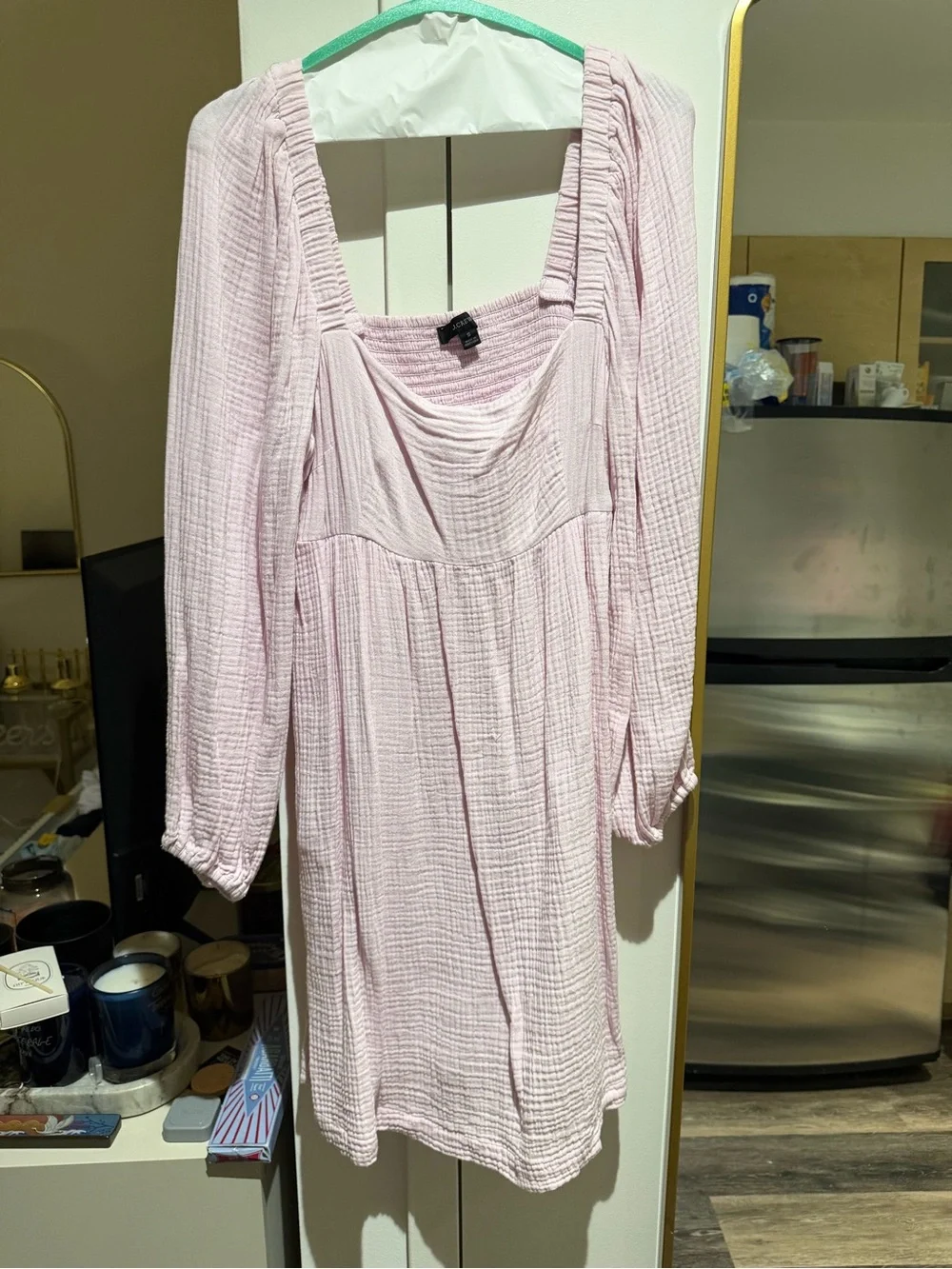 J. Crew Pale Pink Smocked Square-Neck Long Sleeve Dress
